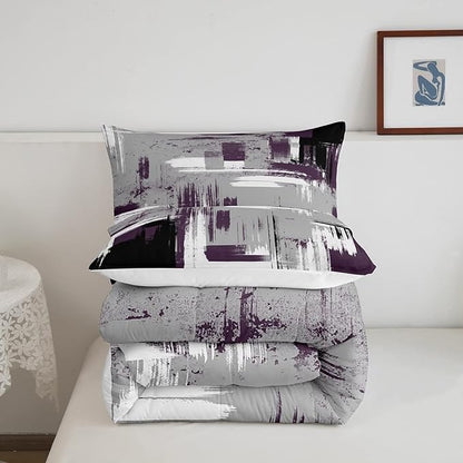 Feelyou Abstract Bedding Set Kids Modern Abstract Art Comforter Set Purple Grey Black Comforter for Boys Room Decor Lightweight Retro Duvet Set Toddler Size with 1 Pillow Case