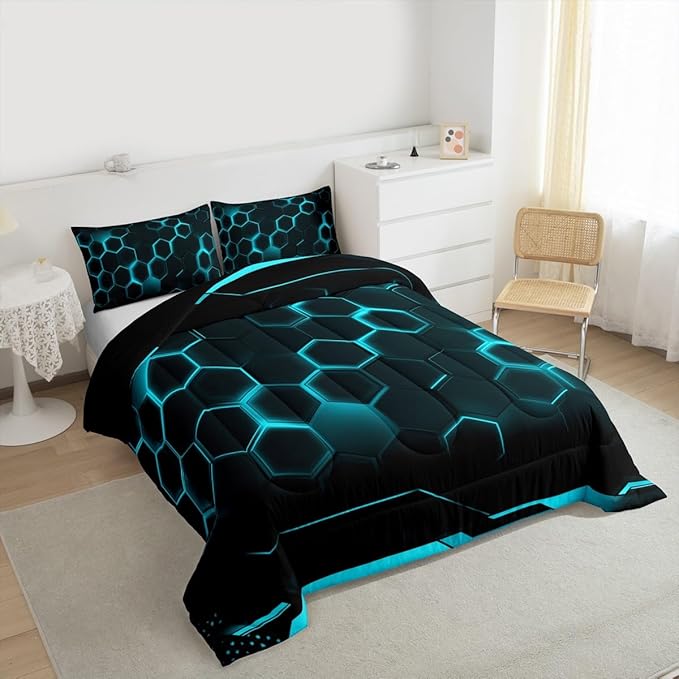 Geometric Honeycomb Hexagon Comforter Set Full Size Neon Black Blue Bedding Set for Kids Boys Teens Room Decor Video Games Quilted Duvet Modern Fashion Duvet Insert 3pcs with 2 Pillowcases
