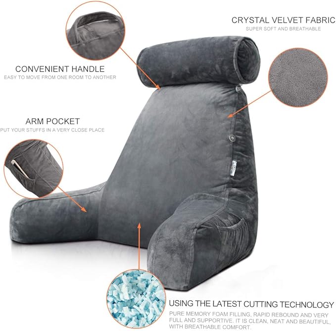 Extra Large Reading Pillow for Sitting in Bed Adult with Detachable Neck Support Cushion & Backrest Pillow for Bed with Arms and Side Pocket Shredded Foam Back Pillow with Washable Cover
