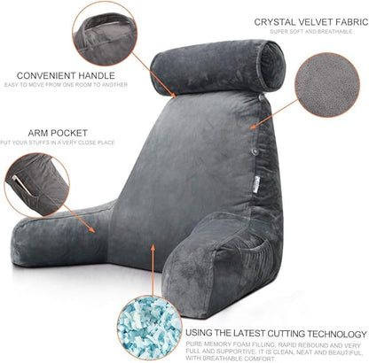 Extra Large Reading Pillow for Sitting in Bed Adult with Detachable Neck Support Cushion & Backrest Pillow for Bed with Arms and Side Pocket Shredded Foam Back Pillow with Washable Cover