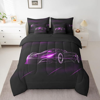 Feelyou Purple Race Car 7 Piece Bedding Set King Size for Kids Boys Extreme Sport Games Comforter Set with Sheets Teens Toddler Fast and Furious Bed in a Bag Cool Modern Bed Set
