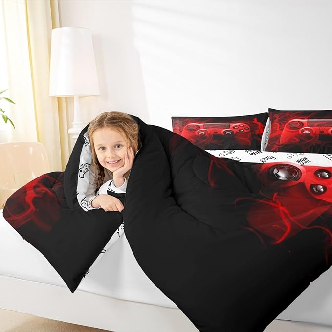 Feelyou Kids Gaming Comforter Set Queen Size Gamer Bedroom Decor for Boys Girls Teens Video Game Controller Bedding Set Youth Gaming Console Comforter Red Black with 2 Pillow Case