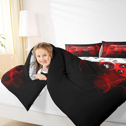 Feelyou Kids Gaming Comforter Set Queen Size Gamer Bedroom Decor for Boys Girls Teens Video Game Controller Bedding Set Youth Gaming Console Comforter Red Black with 2 Pillow Case