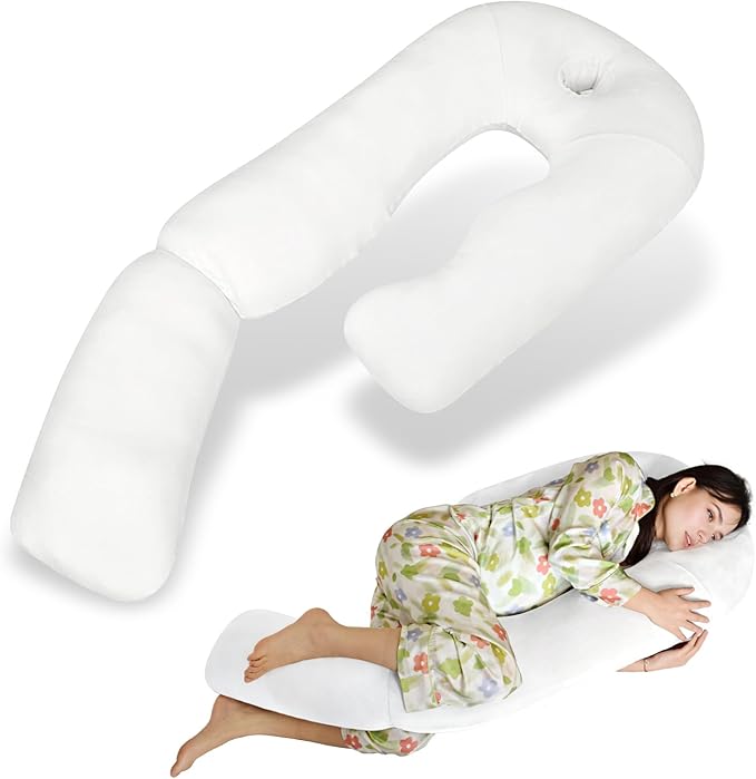 Pozico U-Shaped Full Body Pillow for Side Sleepers – 51-Inch Body Pillow with Ear Piercing Design – Cooling Pregnancy Pillow Orthopedic Support for Back, Neck & Hip – Soft Washable Velvet Cover
