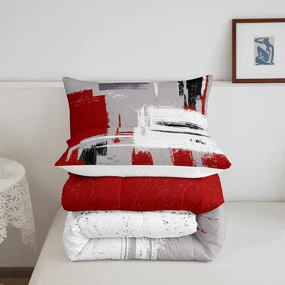 Feelyou Abstract Bedding Set Comforter Set for Kids Boys Children Modern Abstract Art Comforter Ultra Soft Decor Red Grey White Duvet Set Toddler Size