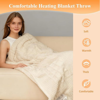 Heated Blanket Electric Throw, 50"X60" Waffle Heating Blanket with 12 Heat Levels, Fast Heating Blanket with 1-12 Timer Settings, Overheat Protection with ETL & FCC for Home Office Sofa (Milky White)