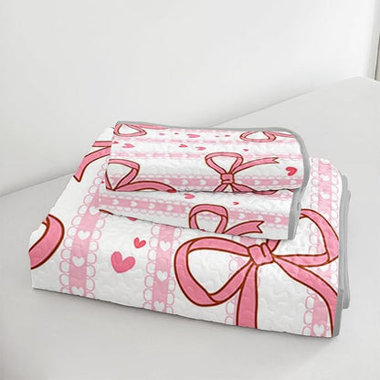 QOOMO Bow Quilt Set Twin Size,Bowknot Bedspread Coverlet Set,Pink 3Pcs Bedding Set Printed Quilt with 2 Pillowcases,Soft and Lightweight,for All Seasons