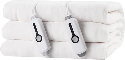 Electric Heated Blanket 84"x90" Queen Size, Soft Coral Fleece, Dual Controllers with 4 Heating Levels and 10 Hours Auto-Off, Machine Washable, Cozy Plush Fabric for Home, White
