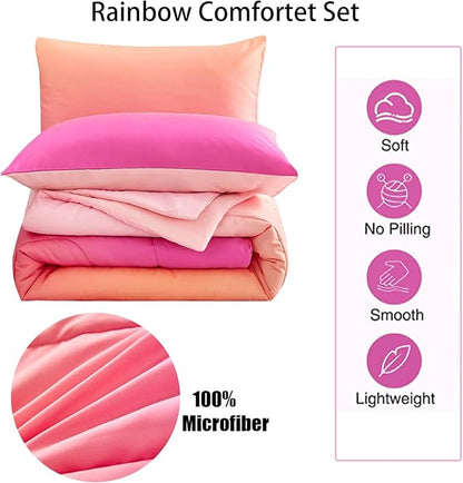 Yogeneg Rainbow Kids Comforter Sets Full/Queen Size for Teen Girl &Boys Women, Pink Orange Ombre Comforter with 2 Pillowcase, Microfiber 3 Piece Bedding Set,All Season (Rainbow D, Queen)