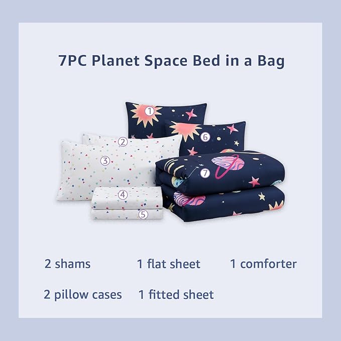 Full Size Comforter Sets Planet, Space Bedding Set for Girls Boys Teen, All Season Kids Bed in a Bag 7 Pieces with Sheets, Pillowcases & Shams