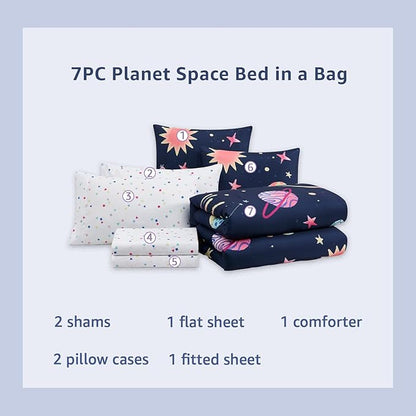 Full Size Comforter Sets Planet, Space Bedding Set for Girls Boys Teen, All Season Kids Bed in a Bag 7 Pieces with Sheets, Pillowcases & Shams
