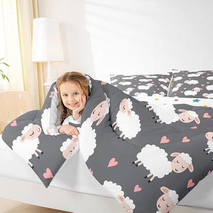 Cartoon Sheep Kids Bedding Set,Cute White Farm Animals Comforter Set for Boys Girls Teens,Romantic Pink Hearts Decor Graffiti Down Comforter with 2 Pillowcases King Size 3 Pcs