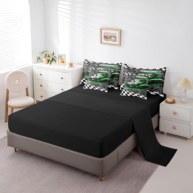 Feelyou Green Racing Car 7 Piece Bedding Set King Size Kids Boys Speed Race Car Comforter Set with Sheets for Teens Toddler Extreme Sports Bed in a Bag Camouflage Bed Set