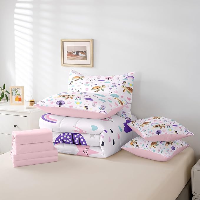 Erosebridal Floral Turtle Comforter Set King Size,Cartoon Animal Bedding Set for Kids Teens,Cute Flower (Comforter+Fitted+Flat Sheet+2 Pillowcases+2 Throw Pillow Covers) 7 Pieces Bed Set
