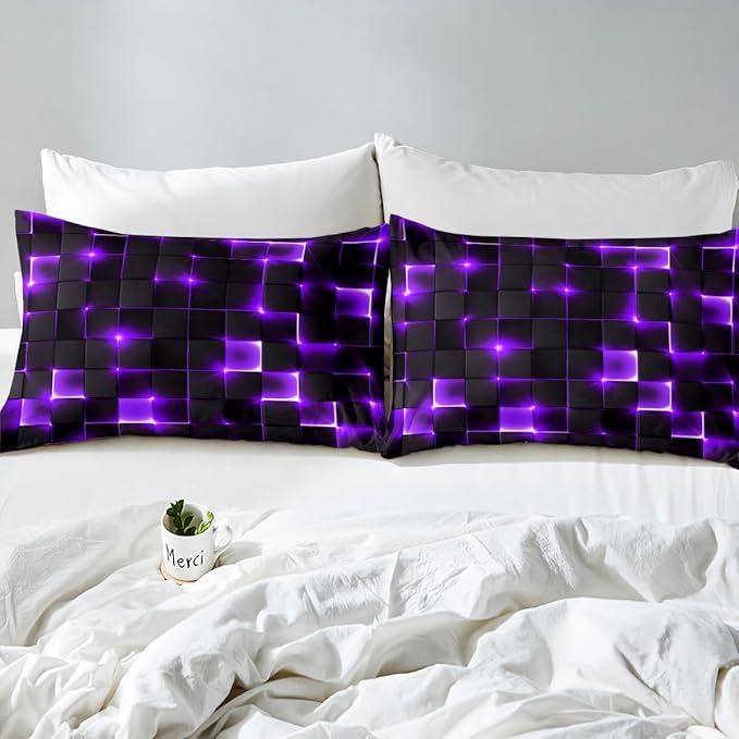 Castle Fairy Abstract Duvet Cover Queen Size,3D Modern Cool Geometric Grid Square Duvet Cover Set for Children Adult,Shiny Purple Neon Light Black Soft Comforter Cover for Dorm Room, Zipper, Ties