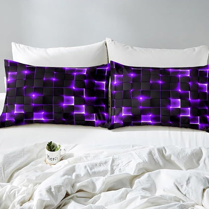 Castle Fairy Abstract Duvet Cover Queen Size,3D Modern Cool Geometric Grid Square Duvet Cover Set for Children Adult,Shiny Purple Neon Light Black Soft Comforter Cover for Dorm Room, Zipper, Ties