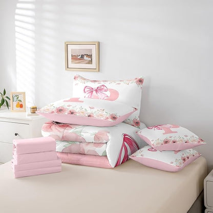 Erosebridal Initial Letter P Bow Bedding Sets for Kids Girls, Pink Girly Bowknot Bed in A Bag Queen Cute Fantasy Princess Bedding Set Bedroom Decor Romance Flower Floral Comforter Set with Sheets
