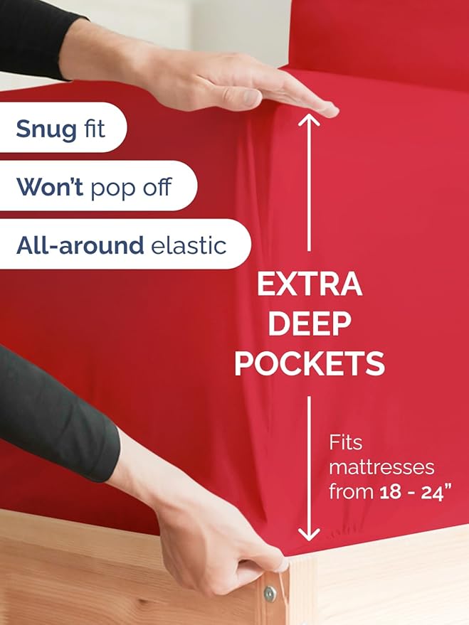 Extra Deep Twin Sheet Set - 4 Piece Breathable and Cooling Sheets - Hotel Luxury Bed Sheets Set - Easy & Secure Fit - Soft, Wrinkle Free and Comfy Sheets Set - Red Sheet Set with Extra Deep Pockets
