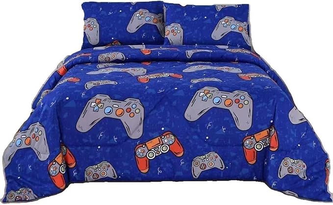 SDIII 3PCS Blue Gaming Comforter Set Full, Soft Microfiber Lightweight Game Comforter Sets for Boys Girls Kids Teens, Video Gamer Bedding Set Full