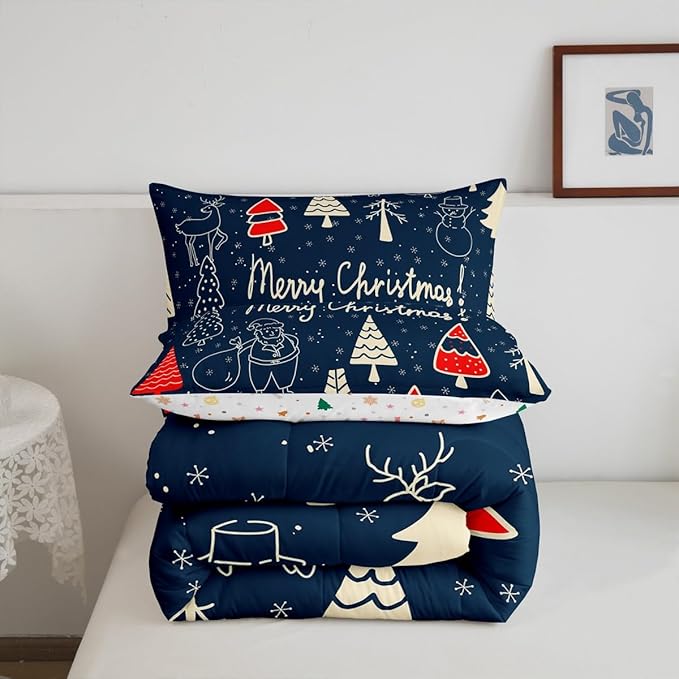 Erosebridal Cartoon Snowman Deer Comforter Set for Kids Boys Girls,Xmas Pine Tree Bedding,Merry Christmas Comforter Sets,Winter Festivals Duvet Insert with 2 Pillowcases Lightweight,King