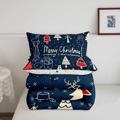 Erosebridal Cartoon Snowman Deer Comforter Set for Kids Boys Girls,Xmas Pine Tree Bedding,Merry Christmas Comforter Sets,Winter Festivals Duvet Insert with 2 Pillowcases Lightweight,King