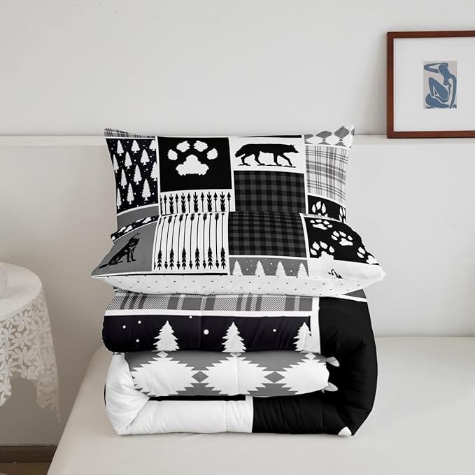 Feelyou Rustic Comforter Set King Size Hunting Adventure Comforter for Boys Girls Teens Wildlife Arrows Bedding Set Woodland Wolf Duvet Set Room Decor Wolf Paws Print Quilt Set