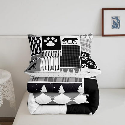 Feelyou Rustic Comforter Set King Size Hunting Adventure Comforter for Boys Girls Teens Wildlife Arrows Bedding Set Woodland Wolf Duvet Set Room Decor Wolf Paws Print Quilt Set