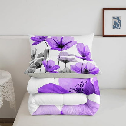 Erosebridal Purple Floral Queen Comforter Set,Purple and Grey Flower Bedding Sets for Kids Girls Women,Vintage Flowers Bed Set,Farmhouse Wildflower Room Decor with 2 Pillowcases,Lightweight
