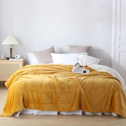 NANPIPER Bed Blanket Reversible Sherpa Flannel Throw Blanket Super Soft Fuzzy Plush Fleece Microfiber (90"x90" Ginger Yellow) Queen