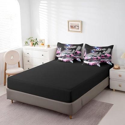 Feelyou Pink Racing Car 7 Piece Bedding Set Queen Size Extreme Sport Comforter Set with Sheets for Kids Boys Girls Teens Toddler Fast and Furious Bed in a Bag Black White Flag Bed Set