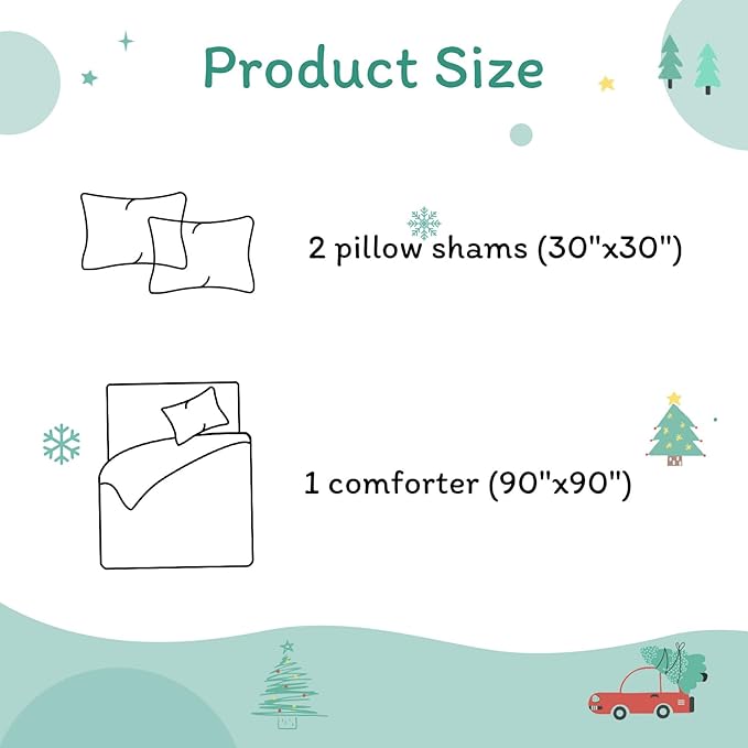 JSD Cars Kids Christmas Comforter Set Queen Size, 3 Piece Tree Printed Microfiber Holiday Winter Bedding Set