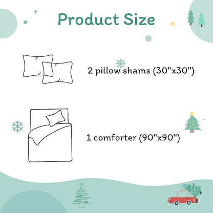 JSD Cars Kids Christmas Comforter Set Queen Size, 3 Piece Tree Printed Microfiber Holiday Winter Bedding Set