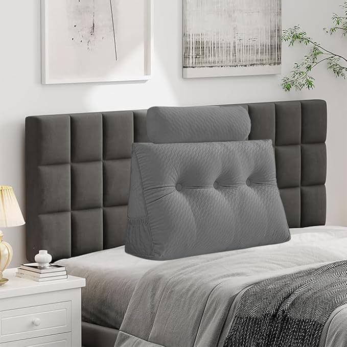 Velvet Triangular Headboard Wedge Pillow With Roll Pillow,Removable Cover Headboard Pillow Daybed Bunk Bed,Backrest Positioning Support Pillow Resting Reading Relaxing (Grey, Twin(39 * 20 * 8in))