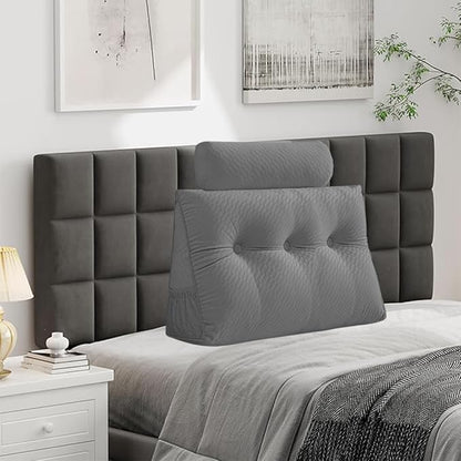 Velvet Triangular Headboard Wedge Pillow With Roll Pillow,Removable Cover Headboard Pillow Daybed Bunk Bed,Backrest Positioning Support Pillow Resting Reading Relaxing (Grey, Twin(39 * 20 * 8in))