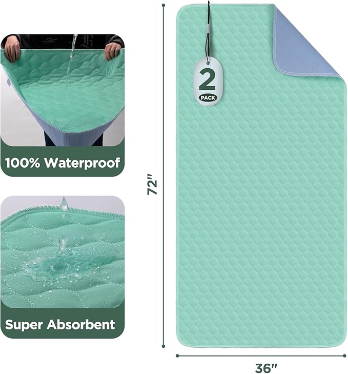 Hide Stains Bed Pads Washable Waterproof for Incontinence, 4-Layer Absorbency Pee Pads, Washable Underpad, Bed Wetting Pad for Elderly, Adults, Pets, 36"x72"-2 Pack, Green