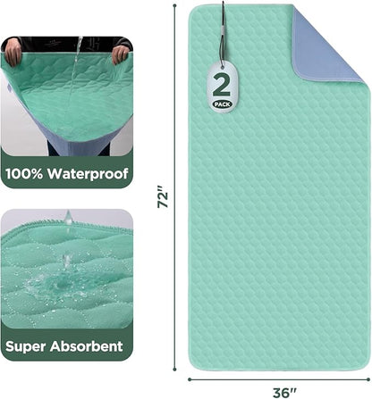 Hide Stains Bed Pads Washable Waterproof for Incontinence, 4-Layer Absorbency Pee Pads, Washable Underpad, Bed Wetting Pad for Elderly, Adults, Pets, 36"x72"-2 Pack, Green