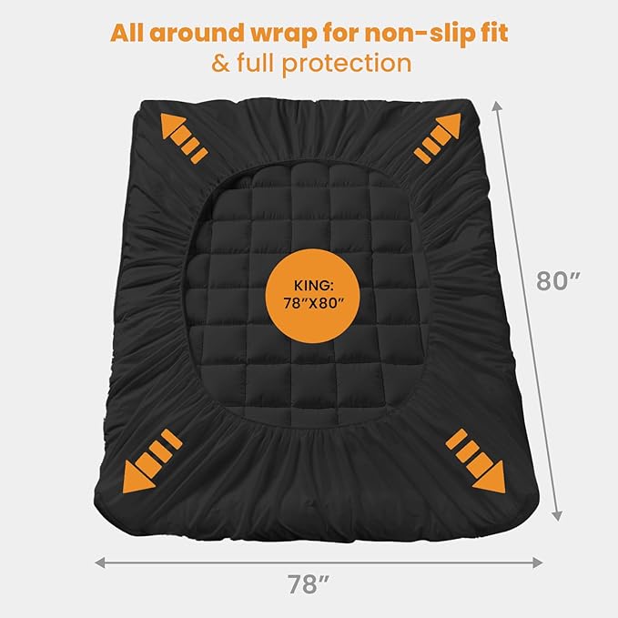 MATBEBY King Size Mattress Pad - Cooling Breathable Mattress Topper, Quilted Fitted Mattress Protector, Pillow Top Mattress Cover with 8-21" Deep Pocket, Soft, Machine Washable, Black, 78x80 Inches