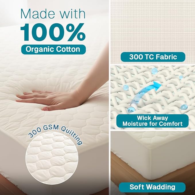 FABDREAMS Organic Quilted Mattress Protector Twin Size | Mattress Pad| Mattress Cover| Naturally Breathable | Noiseless| Fits up to 17" Deep Pockets| Temperature Regulating | Ivory