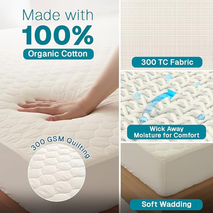 FABDREAMS Organic Quilted Mattress Protector Cal King Size | Mattress Pad| Mattress Cover| Naturally Breathable | Noiseless| Fits up to 17" Deep Pockets| Temperature Regulating | Ivory