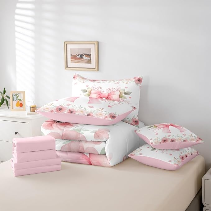 Erosebridal Pink Bow 7 Piece Bedding Set - Kawaii Floral Bowknot Comforter Sets with Sheets for Kids Girls Room Decor - Romance Flowers Coquette Bowknot Bed in A Bag Twin Size