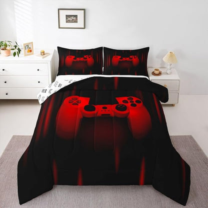Feelyou Boys Gamer Comforter Set Queen Size Gaming Bedding Set Kids Video Games Comforter for Teen Child Gamer Room Decor Super Soft Red Black Bed Microfiber Game Geometric Duvet Quilted Boy Gift