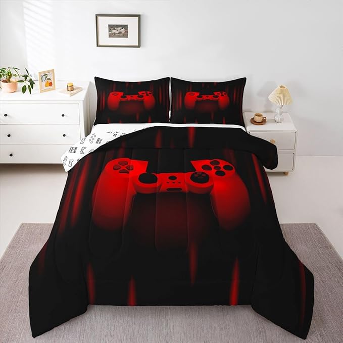 Feelyou Twin Comforter Set for Boys Gamer Bedding Set for Boys Kids Gaming Comforter Red Black Teen Child Gamer Room Decor Soft Game Geometric Duvet Quilted 1 Comforter with 1 Pillowcase Gamer Gifts