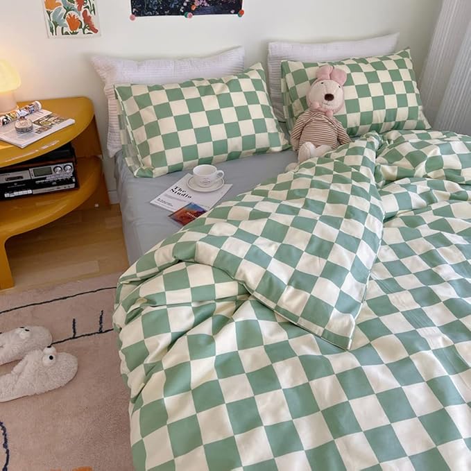 Wellboo Green White Plaid Comforter Sets California King Women Men Sage Green Checkerboard Grid Bedding Comforters Cal King Cotton Modern Grass Green and White Checkered Geometric Luxury Abstract Bed