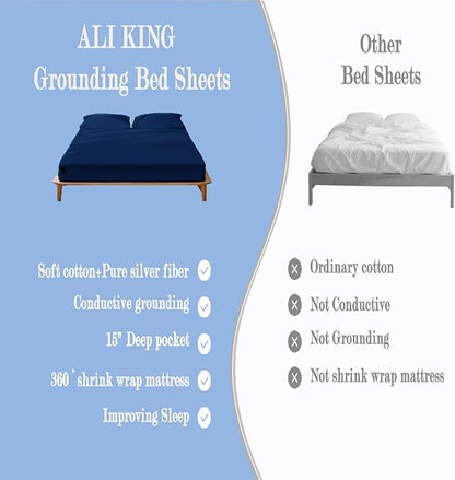 Ali King Grounding Sheets - King Size, Soft Cotton with Silver Fiber, 15'' Deep Pocket Earth Grounding Fitted Bed Sheets for Improved Sleep (Navy Blue, King 76''*80''*15'')