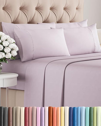 Full 6 Piece Sheet Set - Comfy Breathable & Cooling - Soft Hotel Luxury Bedding Set with 8-16 Inch Deep Pockets - 1 Flat & 1 Fitted Sheet & 4 Pillowcases - Wrinkle Free & Easy Care - Light Lavender