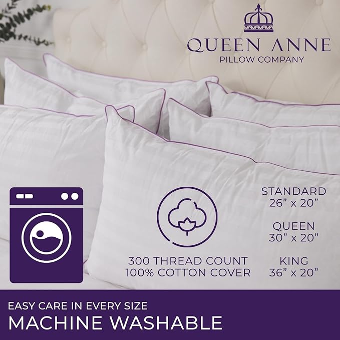 Queen Anne Hotel Collection Pillows – Luxury Down Alternative Bed Pillows (2-Pack, King Medium) – Ultimate Comfort, Hypoallergenic, Made in The USA