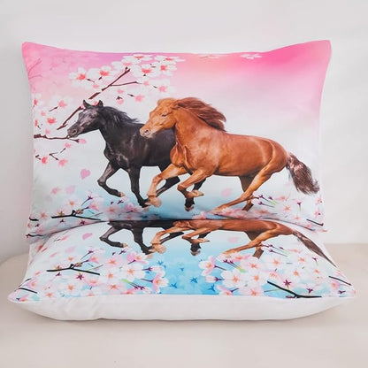 Feelyou Kids Horse Bedding Set Chic Cherry Blossom Bedding Comforter Set for Girls Teens Galloping Horse Printed Comforter 3D Wild Animal Duvet Set Bedroom Decor Quilt Set 3Pcs Queen Size