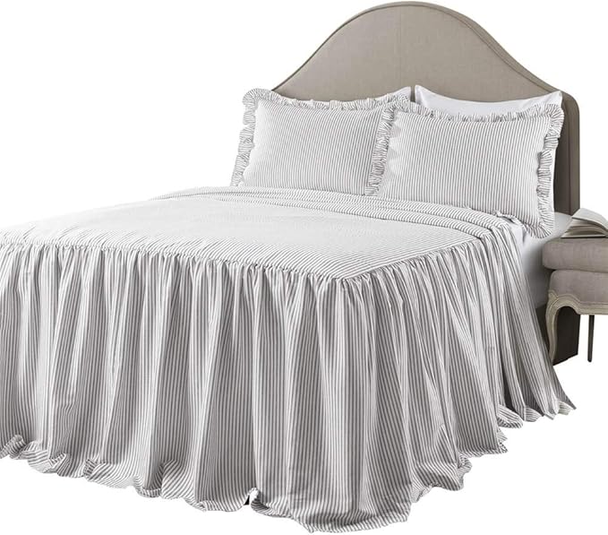 Lush Decor Ticking Stripe Bedspread King Size 3 Piece Set Gray - Ruffle Bedding Set King Bedspreads - Striped Bedding - Farmhouse & Coquette Decor