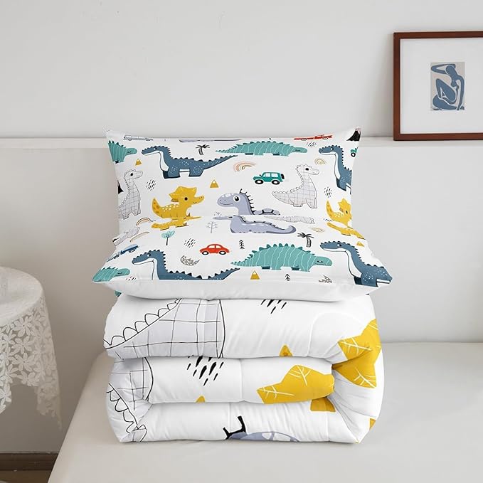 Cartoon Dino Boys Comforter Set Queen Size,Cute Dinosaur Animal Blue Yellow Sketch Bedding Set for Women Adult,Cars Rainbow Trees Printed Kawaii Luxury Bed Duvet Insert, 2 Pillowcases