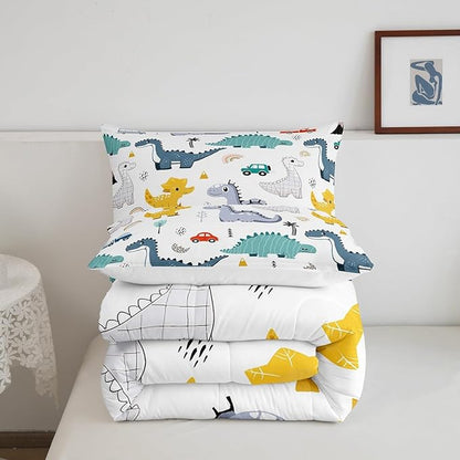 Cartoon Dino Boys Comforter Set King Size,Cute Dinosaur Animal Blue Yellow Sketch Bedding Set All Season Quilt Set,Cars Rainbow Trees Printed Kawaii Microfiber Polyester Down Comforter